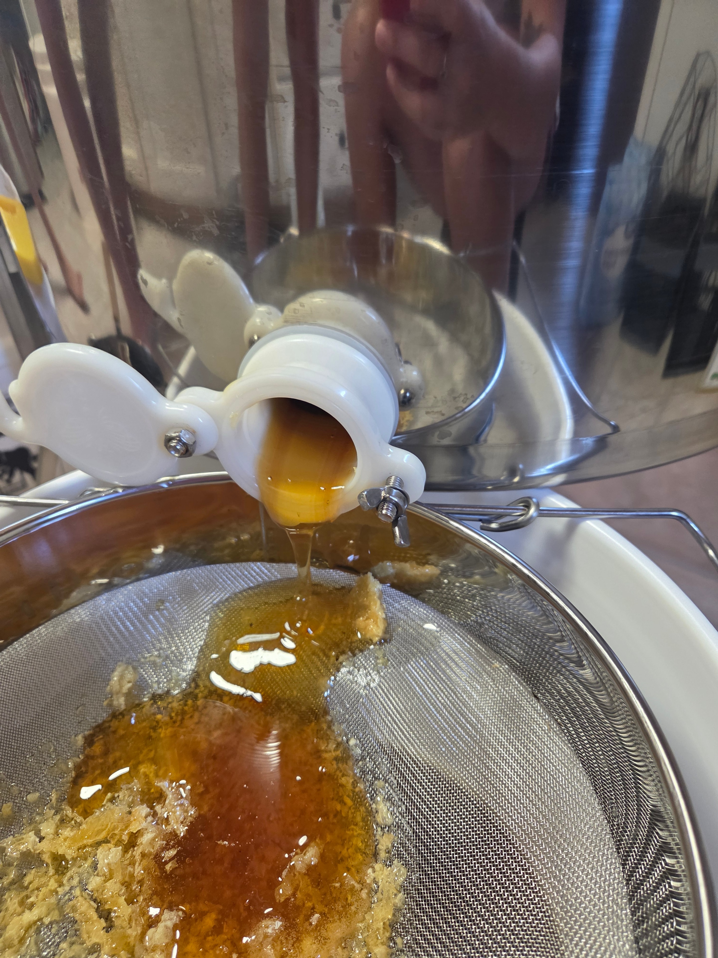 Raw honey flowing from the extractor